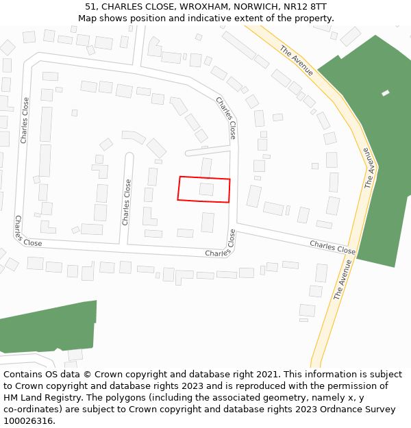 51, CHARLES CLOSE, WROXHAM, NORWICH, NR12 8TT: Location map and indicative extent of plot