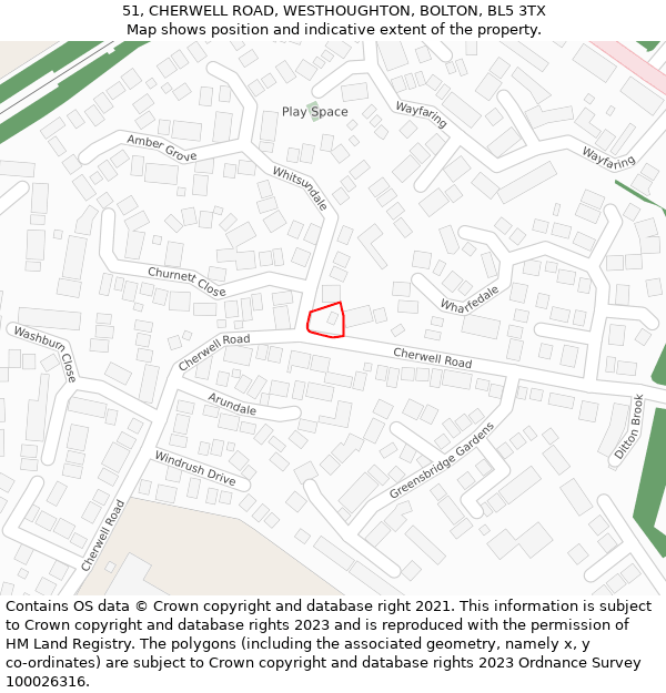 51, CHERWELL ROAD, WESTHOUGHTON, BOLTON, BL5 3TX: Location map and indicative extent of plot