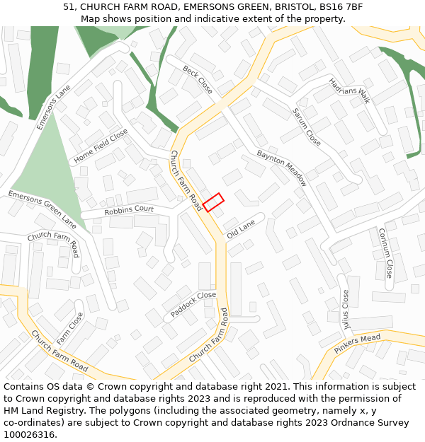 51, CHURCH FARM ROAD, EMERSONS GREEN, BRISTOL, BS16 7BF: Location map and indicative extent of plot