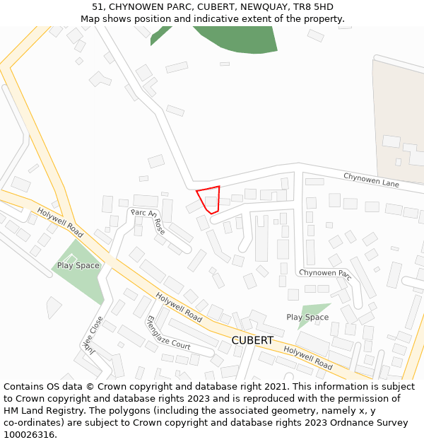 51, CHYNOWEN PARC, CUBERT, NEWQUAY, TR8 5HD: Location map and indicative extent of plot