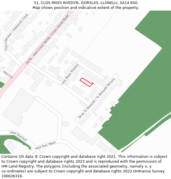 51, CLOS MAES RHEDYN, GORSLAS, LLANELLI, SA14 6SG: Location map and indicative extent of plot