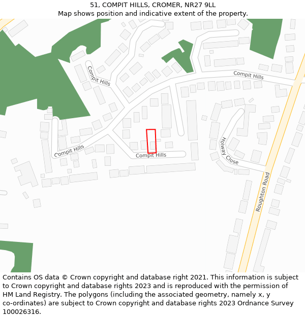 51, COMPIT HILLS, CROMER, NR27 9LL: Location map and indicative extent of plot