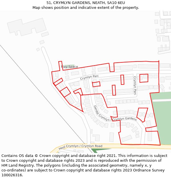 51, CRYMLYN GARDENS, NEATH, SA10 6EU: Location map and indicative extent of plot