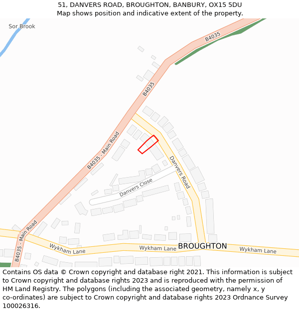 51, DANVERS ROAD, BROUGHTON, BANBURY, OX15 5DU: Location map and indicative extent of plot