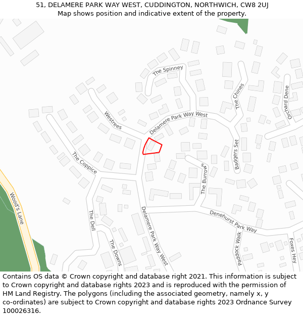 51, DELAMERE PARK WAY WEST, CUDDINGTON, NORTHWICH, CW8 2UJ: Location map and indicative extent of plot