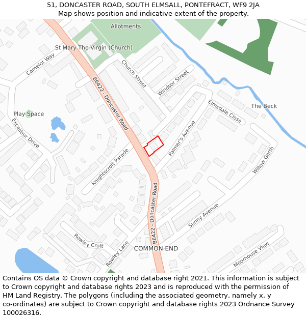 51, DONCASTER ROAD, SOUTH ELMSALL, PONTEFRACT, WF9 2JA: Location map and indicative extent of plot