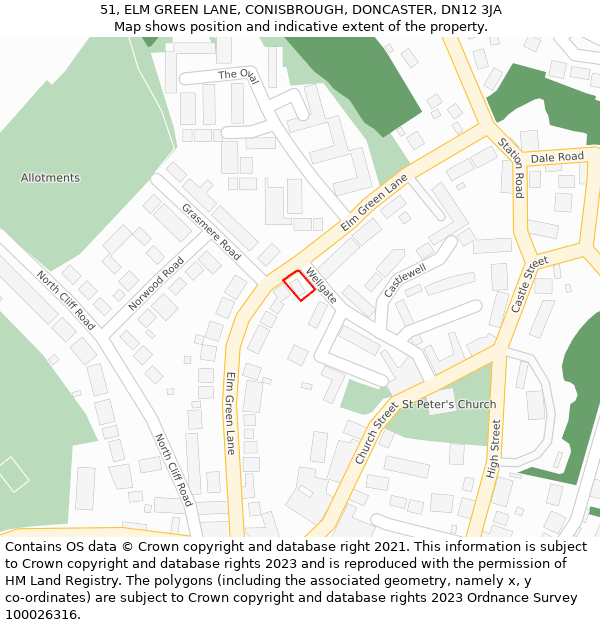 51, ELM GREEN LANE, CONISBROUGH, DONCASTER, DN12 3JA: Location map and indicative extent of plot