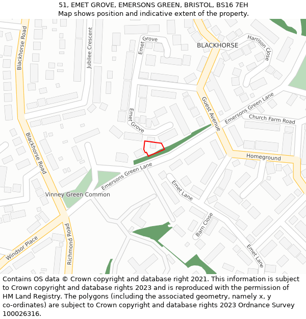 51, EMET GROVE, EMERSONS GREEN, BRISTOL, BS16 7EH: Location map and indicative extent of plot