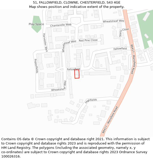 51, FALLOWFIELD, CLOWNE, CHESTERFIELD, S43 4GE: Location map and indicative extent of plot