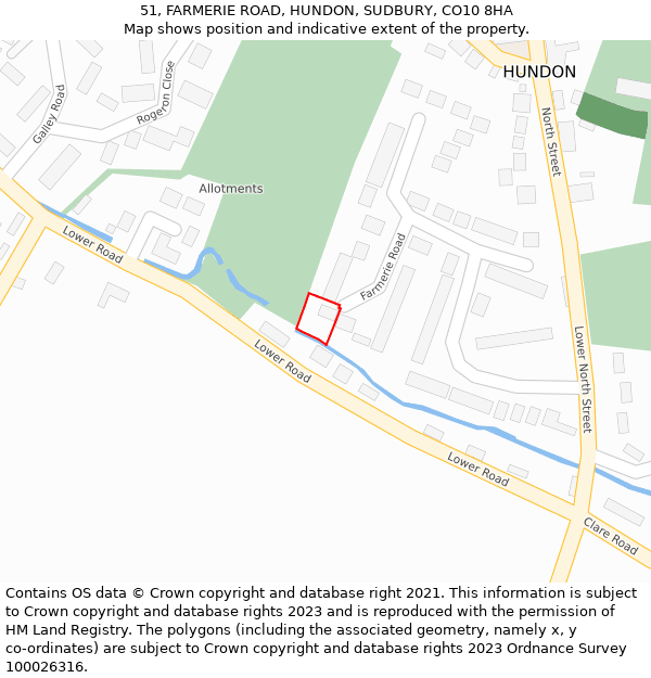 51, FARMERIE ROAD, HUNDON, SUDBURY, CO10 8HA: Location map and indicative extent of plot