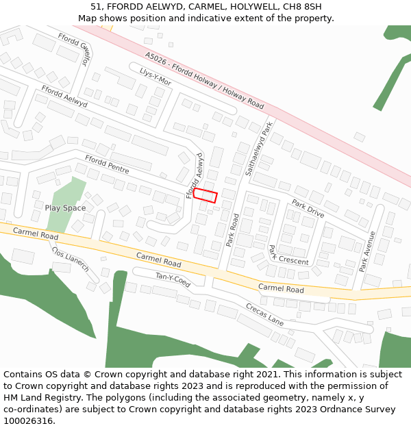 51, FFORDD AELWYD, CARMEL, HOLYWELL, CH8 8SH: Location map and indicative extent of plot