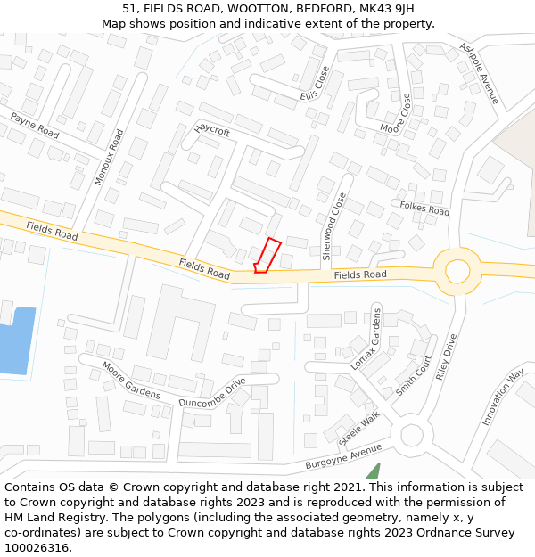 51, FIELDS ROAD, WOOTTON, BEDFORD, MK43 9JH: Location map and indicative extent of plot