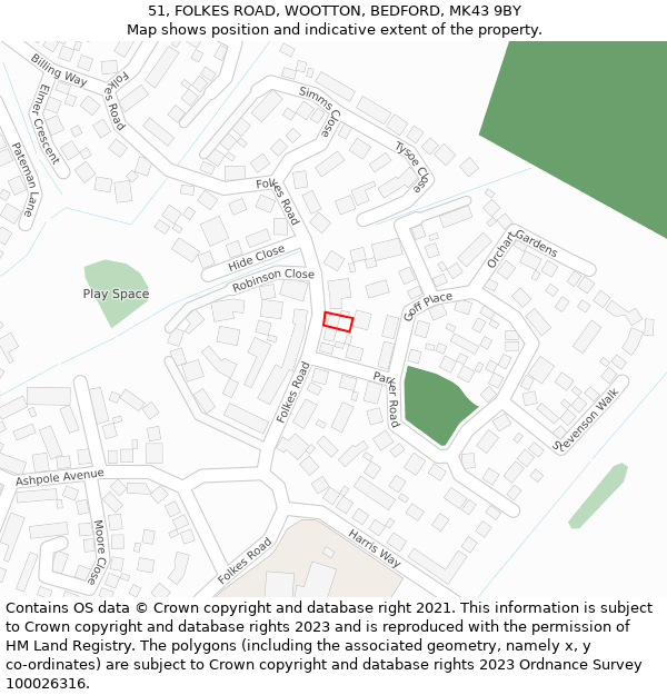 51, FOLKES ROAD, WOOTTON, BEDFORD, MK43 9BY: Location map and indicative extent of plot