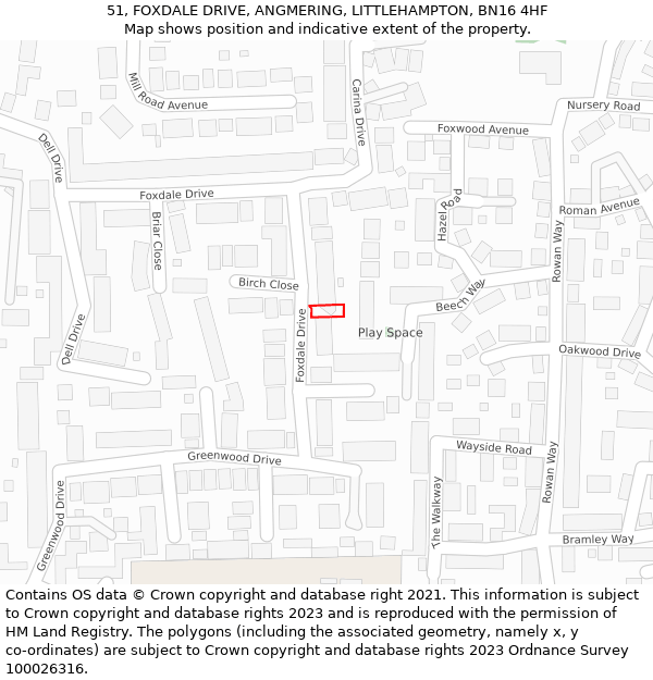 51, FOXDALE DRIVE, ANGMERING, LITTLEHAMPTON, BN16 4HF: Location map and indicative extent of plot