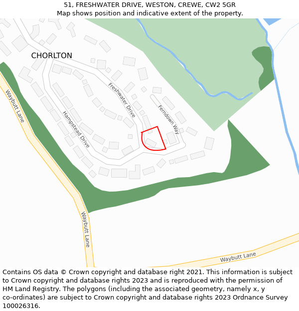 51, FRESHWATER DRIVE, WESTON, CREWE, CW2 5GR: Location map and indicative extent of plot