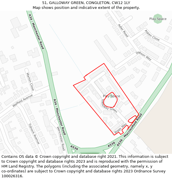 51, GALLOWAY GREEN, CONGLETON, CW12 1LY: Location map and indicative extent of plot
