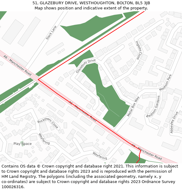 51, GLAZEBURY DRIVE, WESTHOUGHTON, BOLTON, BL5 3JB: Location map and indicative extent of plot