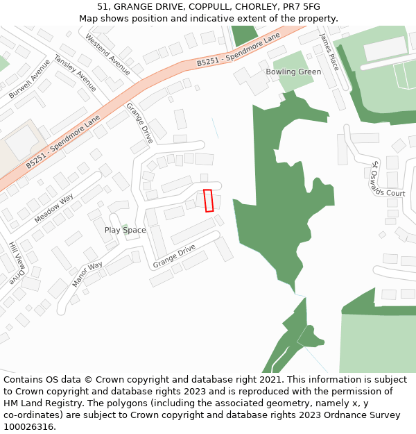 51, GRANGE DRIVE, COPPULL, CHORLEY, PR7 5FG: Location map and indicative extent of plot