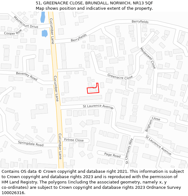 51, GREENACRE CLOSE, BRUNDALL, NORWICH, NR13 5QF: Location map and indicative extent of plot