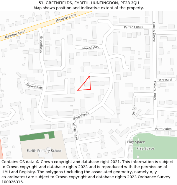 51, GREENFIELDS, EARITH, HUNTINGDON, PE28 3QH: Location map and indicative extent of plot