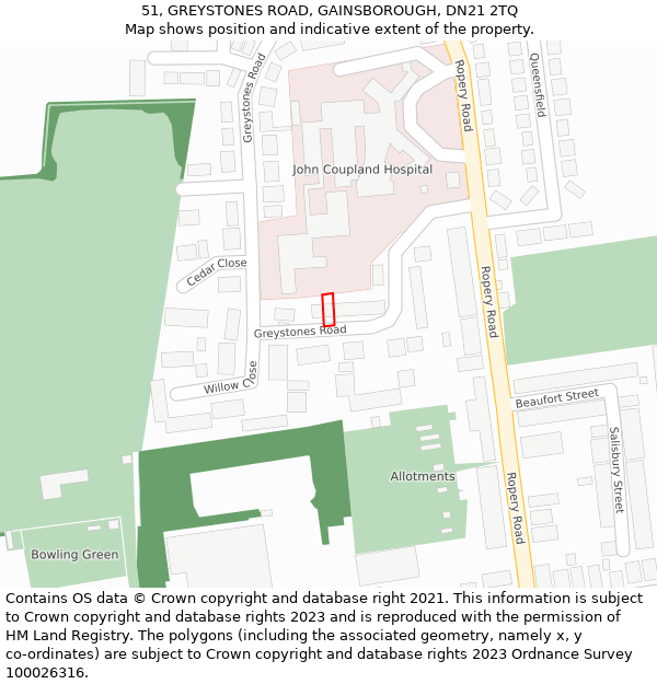 51, GREYSTONES ROAD, GAINSBOROUGH, DN21 2TQ: Location map and indicative extent of plot
