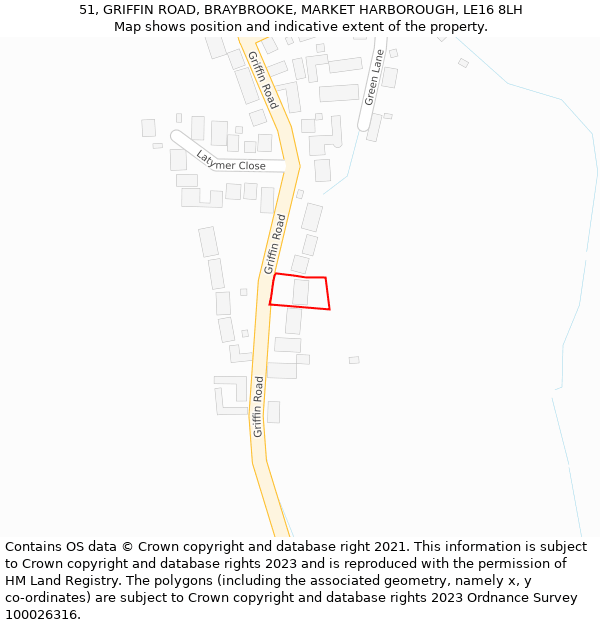 51, GRIFFIN ROAD, BRAYBROOKE, MARKET HARBOROUGH, LE16 8LH: Location map and indicative extent of plot