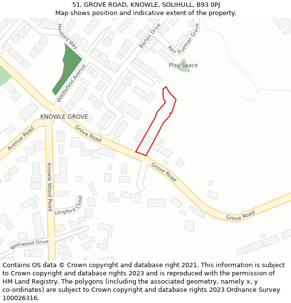 51, GROVE ROAD, KNOWLE, SOLIHULL, B93 0PJ: Location map and indicative extent of plot