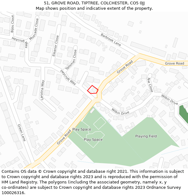 51, GROVE ROAD, TIPTREE, COLCHESTER, CO5 0JJ: Location map and indicative extent of plot