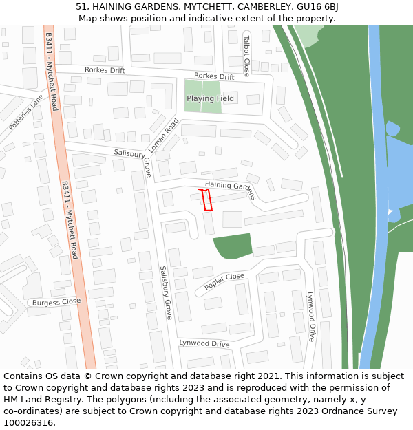 51, HAINING GARDENS, MYTCHETT, CAMBERLEY, GU16 6BJ: Location map and indicative extent of plot