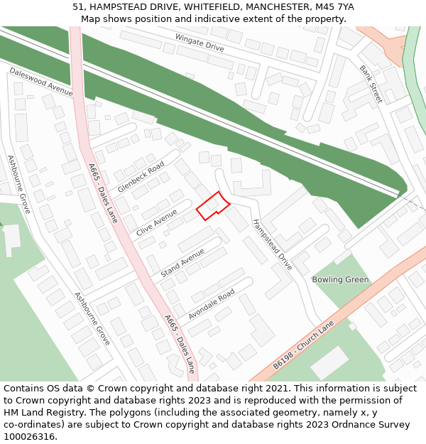 51, HAMPSTEAD DRIVE, WHITEFIELD, MANCHESTER, M45 7YA: Location map and indicative extent of plot