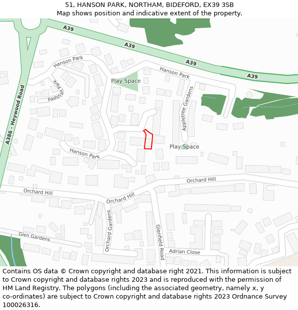 51, HANSON PARK, NORTHAM, BIDEFORD, EX39 3SB: Location map and indicative extent of plot