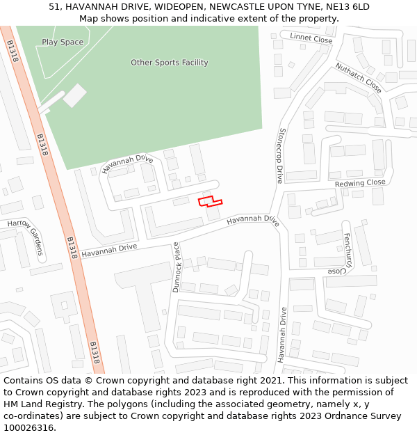 51, HAVANNAH DRIVE, WIDEOPEN, NEWCASTLE UPON TYNE, NE13 6LD: Location map and indicative extent of plot
