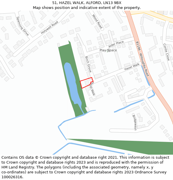 51, HAZEL WALK, ALFORD, LN13 9BX: Location map and indicative extent of plot