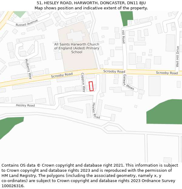 51, HESLEY ROAD, HARWORTH, DONCASTER, DN11 8JU: Location map and indicative extent of plot