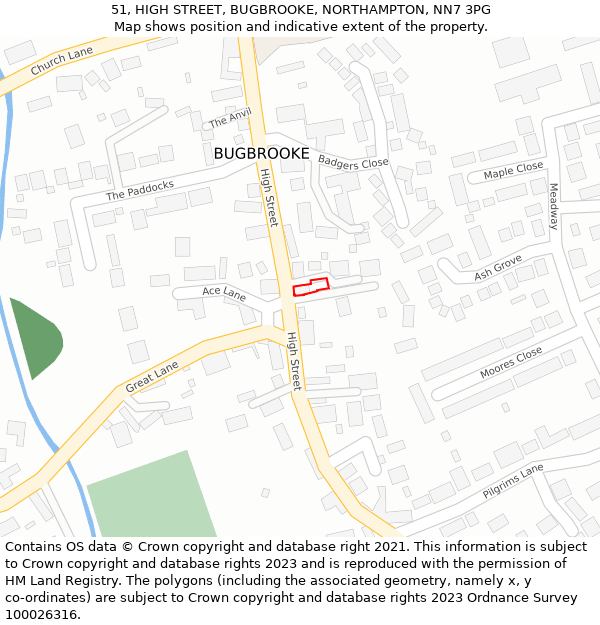 51, HIGH STREET, BUGBROOKE, NORTHAMPTON, NN7 3PG: Location map and indicative extent of plot