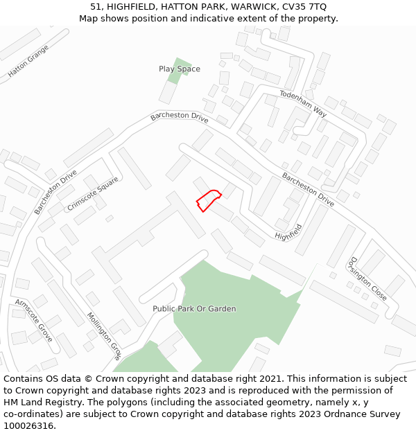 51, HIGHFIELD, HATTON PARK, WARWICK, CV35 7TQ: Location map and indicative extent of plot