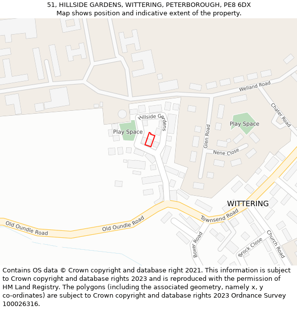 51, HILLSIDE GARDENS, WITTERING, PETERBOROUGH, PE8 6DX: Location map and indicative extent of plot