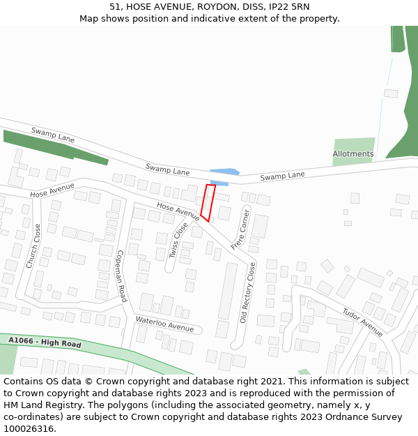 51, HOSE AVENUE, ROYDON, DISS, IP22 5RN: Location map and indicative extent of plot