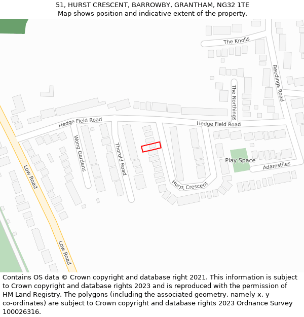 51, HURST CRESCENT, BARROWBY, GRANTHAM, NG32 1TE: Location map and indicative extent of plot