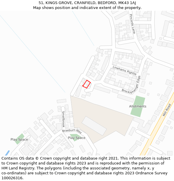 51, KINGS GROVE, CRANFIELD, BEDFORD, MK43 1AJ: Location map and indicative extent of plot