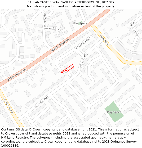 51, LANCASTER WAY, YAXLEY, PETERBOROUGH, PE7 3EP: Location map and indicative extent of plot