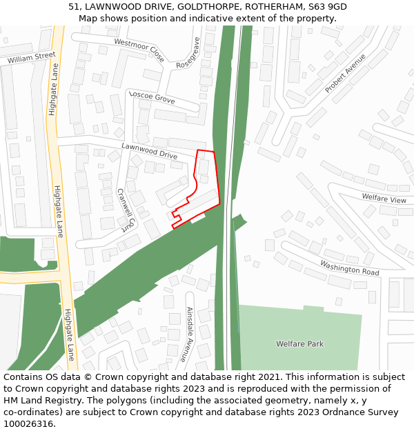 51, LAWNWOOD DRIVE, GOLDTHORPE, ROTHERHAM, S63 9GD: Location map and indicative extent of plot