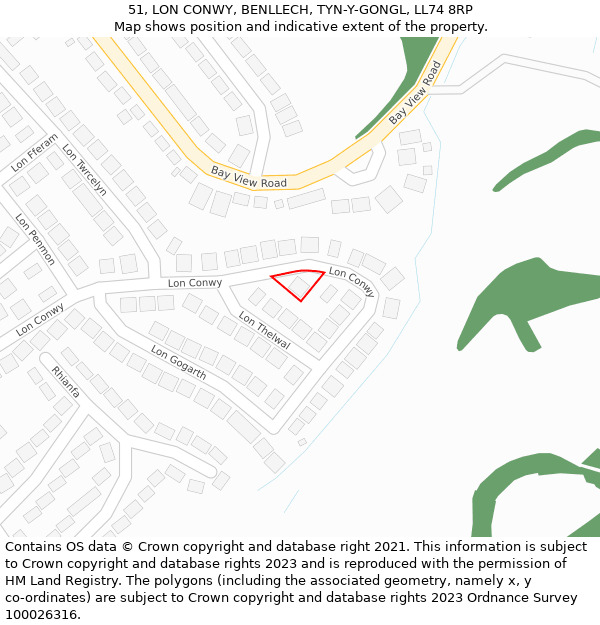 51, LON CONWY, BENLLECH, TYN-Y-GONGL, LL74 8RP: Location map and indicative extent of plot