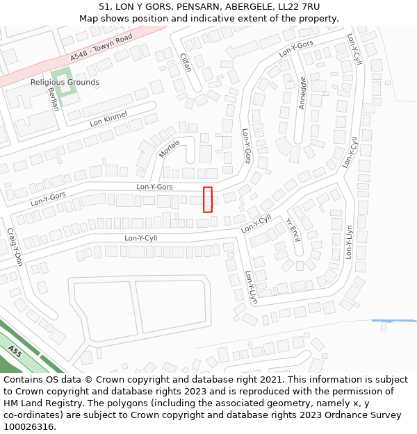 51, LON Y GORS, PENSARN, ABERGELE, LL22 7RU: Location map and indicative extent of plot