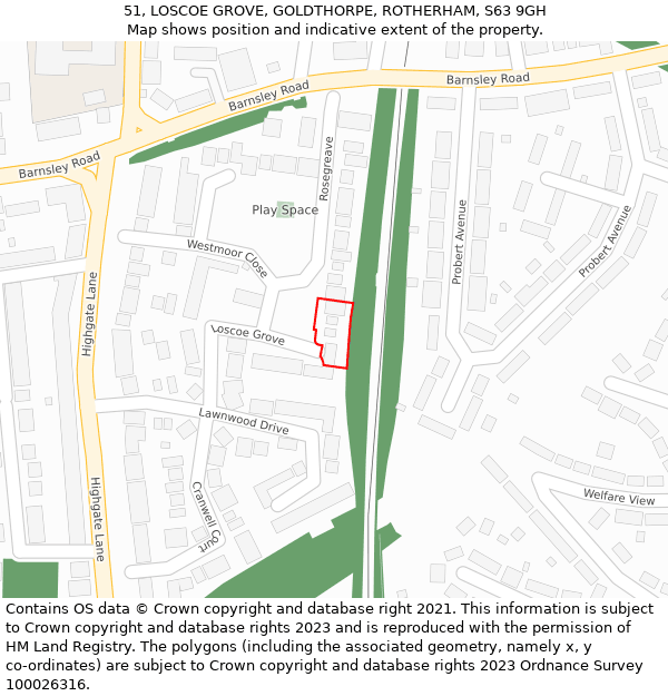 51, LOSCOE GROVE, GOLDTHORPE, ROTHERHAM, S63 9GH: Location map and indicative extent of plot