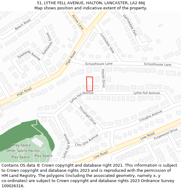 51, LYTHE FELL AVENUE, HALTON, LANCASTER, LA2 6NJ: Location map and indicative extent of plot