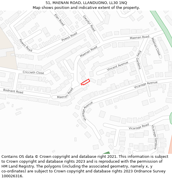 51, MAENAN ROAD, LLANDUDNO, LL30 1NQ: Location map and indicative extent of plot