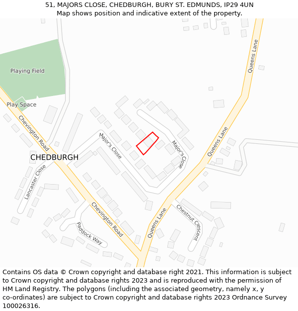 51, MAJORS CLOSE, CHEDBURGH, BURY ST. EDMUNDS, IP29 4UN: Location map and indicative extent of plot