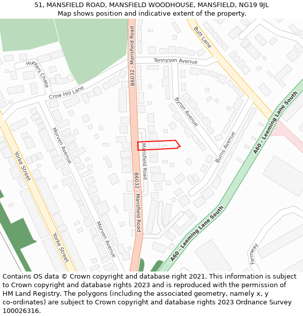 51, MANSFIELD ROAD, MANSFIELD WOODHOUSE, MANSFIELD, NG19 9JL: Location map and indicative extent of plot