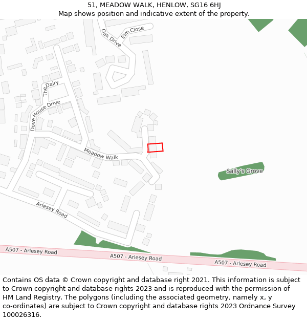 51, MEADOW WALK, HENLOW, SG16 6HJ: Location map and indicative extent of plot